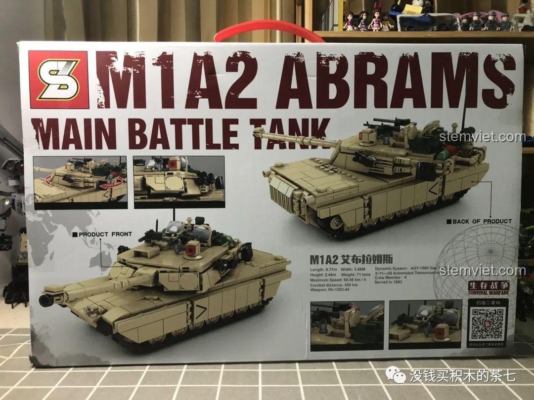 Mặt sau hộp bộ lắp ráp JiaZhi 0100 Xe Tăng M1A2 Abrams, hiển thị các góc nhìn khác của mô hình và chi tiết sản phẩm.