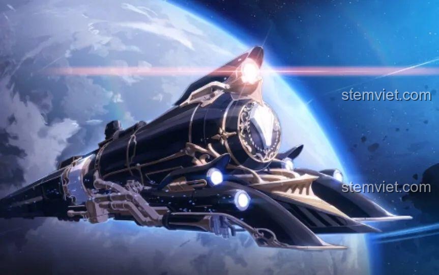 Hình ảnh minh họa Tàu Sao Băng Honkai Star Rail bay trong không gian, đại diện cho bộ lắp ráp JIESTAR 58113.