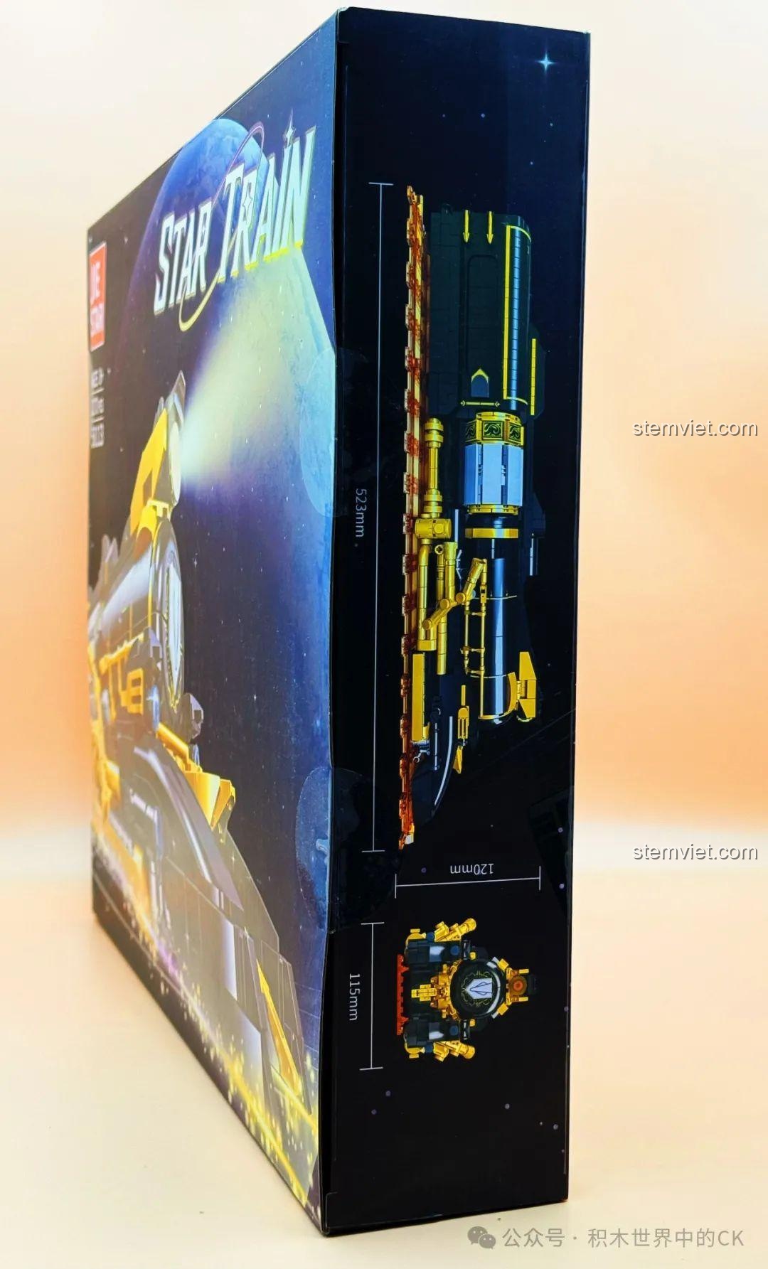 Mặt bên hộp đồ chơi lắp ráp Mô hình Tàu Sao Băng JIESTAR 58113, hiển thị kích thước chi tiết của mô hình hoàn chỉnh.