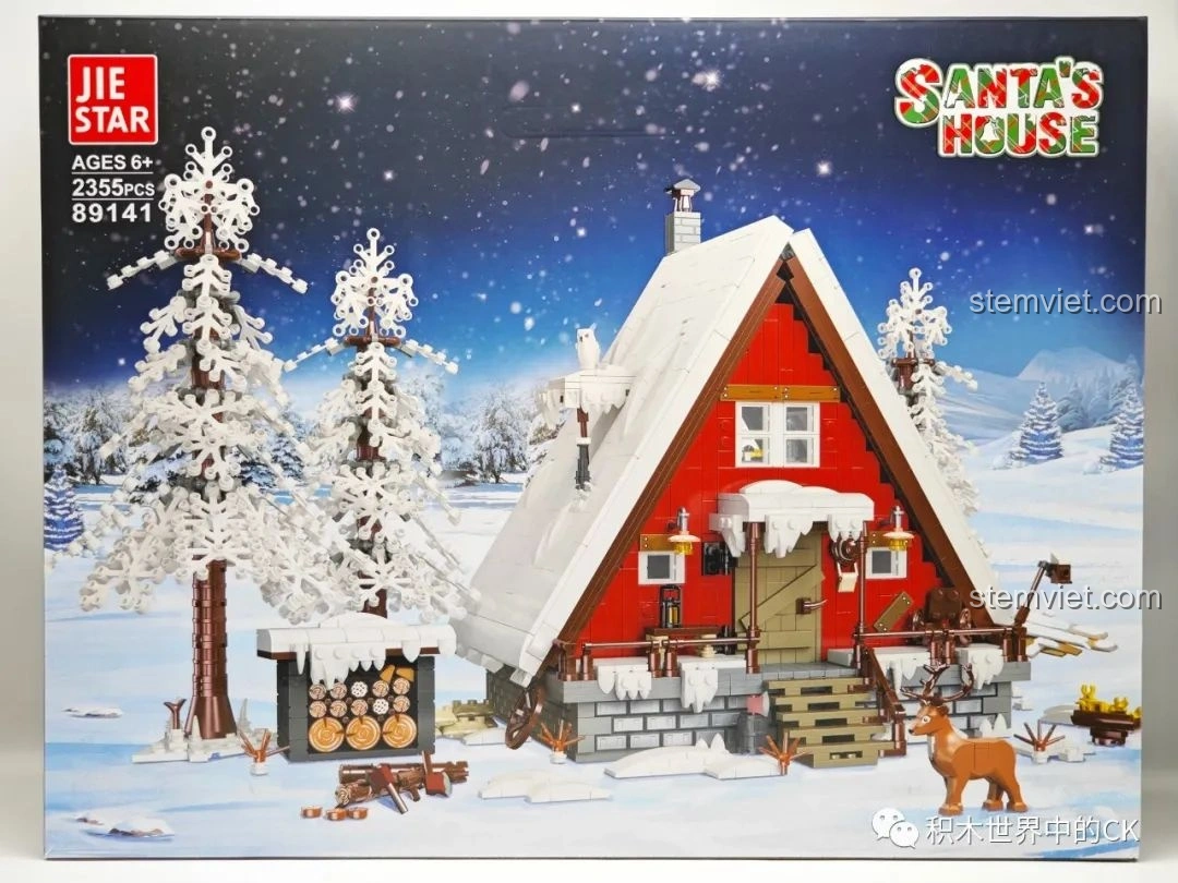 Hộp đồ chơi lắp ráp JIESTAR 89141 Ngôi nhà Giáng Sinh với hình ảnh ngôi nhà tuyết đỏ rực rỡ, cây thông và ông già Noel.