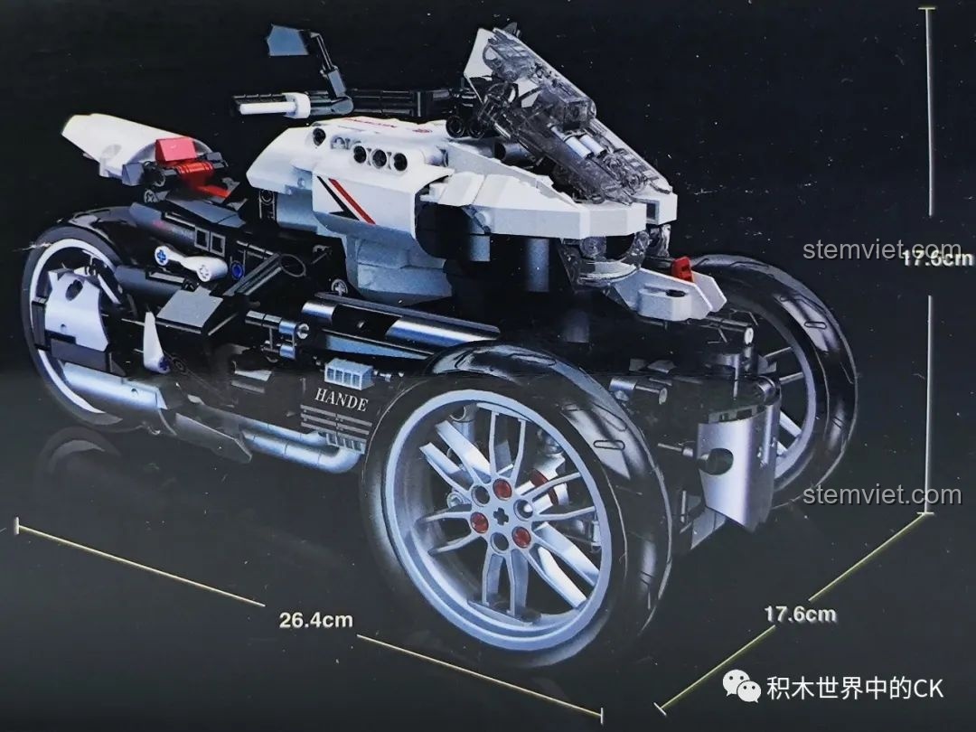 Thông số kích thước của mô hình xe Mô Tô Ba Bánh Honda Neo Wing JIESTAR 91024 được in trên hộp, cho thấy chiều dài, chiều cao và chiều rộng. Đây là đồ chơi lắp ráp xe mô tô điều khiển từ xa.