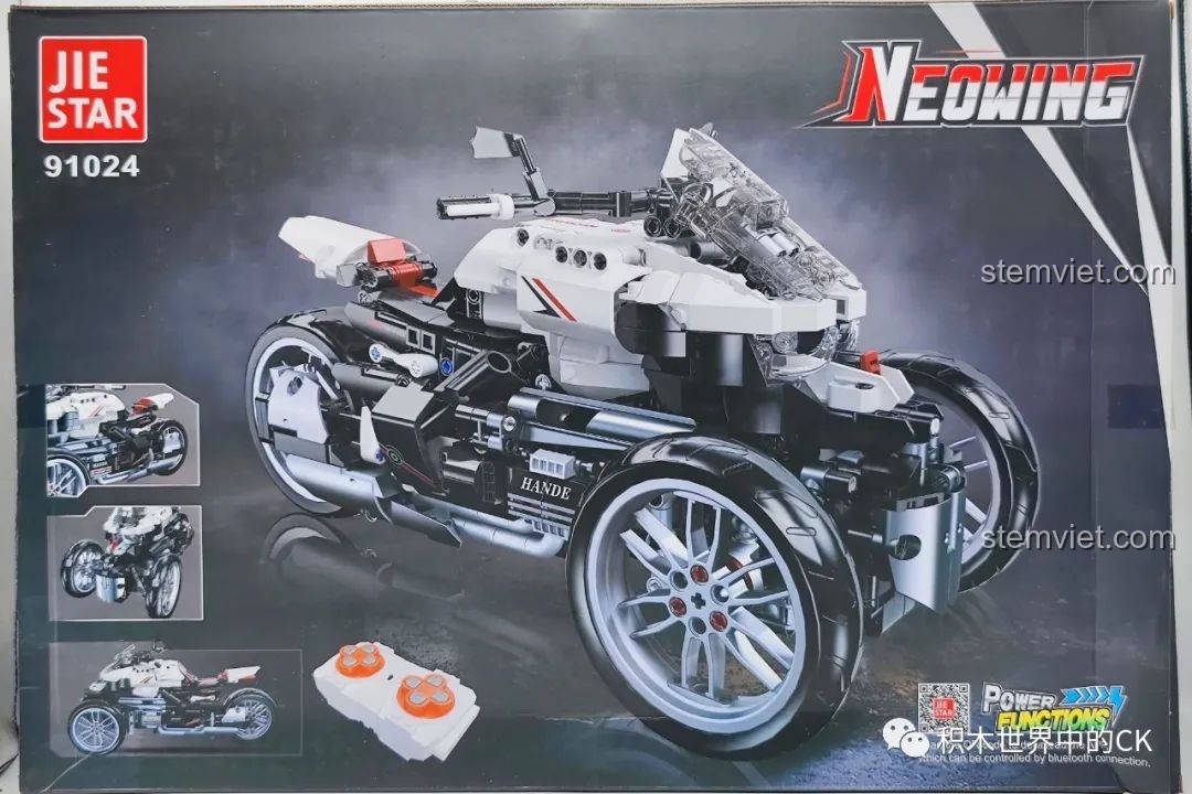 Mặt sau hộp bộ lắp ráp JIESTAR 91024 Mô Tô Ba Bánh Honda Neo Wing RC, thể hiện các góc nhìn khác nhau của mô hình xe. Đây là bộ đồ chơi lắp ráp xe mô tô điều khiển từ xa.