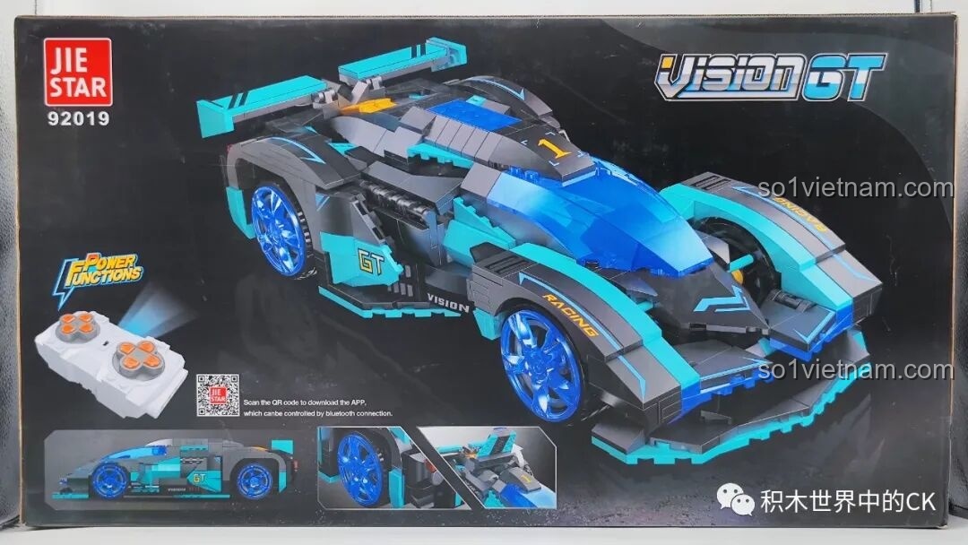 Mặt sau hộp bộ lắp ráp JIESTAR 92019 Xe đua Vision GT RC, hiển thị các góc xe và tính năng.