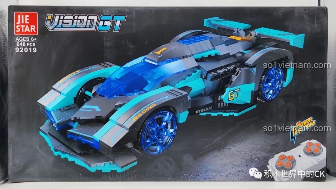 Mặt trước hộp bộ lắp ráp JIESTAR 92019 Xe đua Vision GT RC với hình ảnh xe và bộ điều khiển.