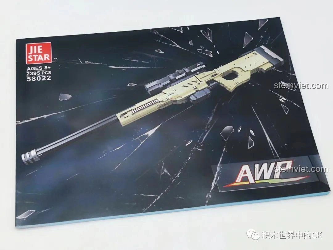 Cuốn sách hướng dẫn lắp ráp bộ đồ chơi mô hình JIESTAR 58022 Súng bắn tỉa AWP, với hình ảnh minh họa rõ ràng.