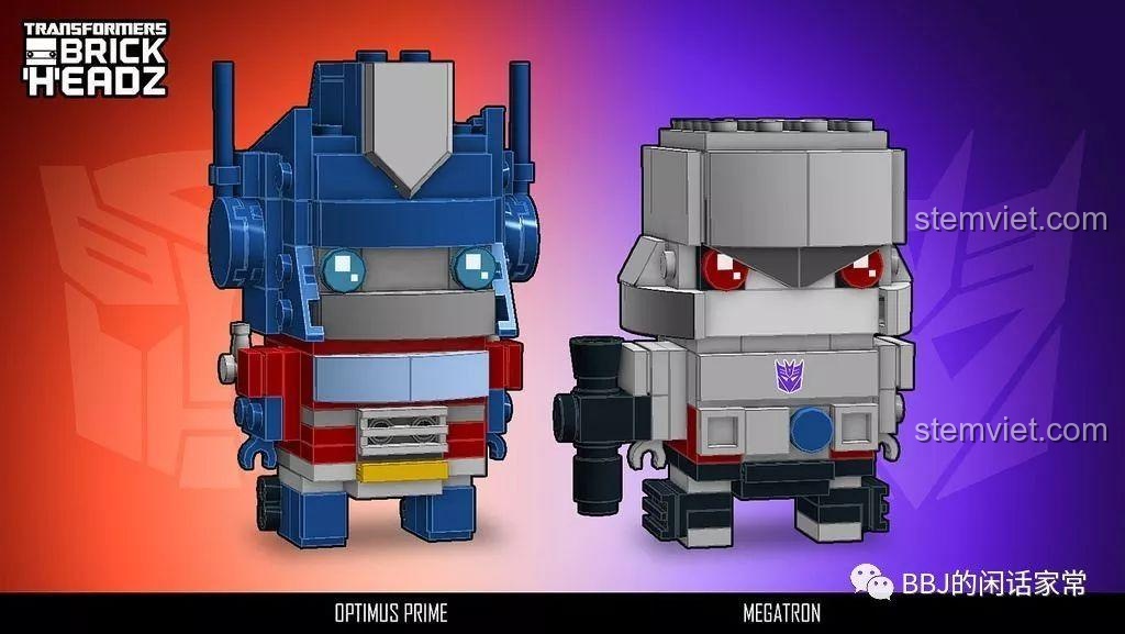 So sánh mô hình JiSi 6860 Megatron BrickHeadz với Optimus Prime phiên bản BrickHeadz, thể hiện sự tương đồng về phong cách.