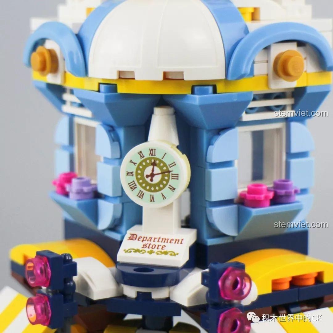 Mặt sau của 5 mô hình lắp ráp Keepplay City Corner C0101-C0105 kết hợp, hiển thị nội thất