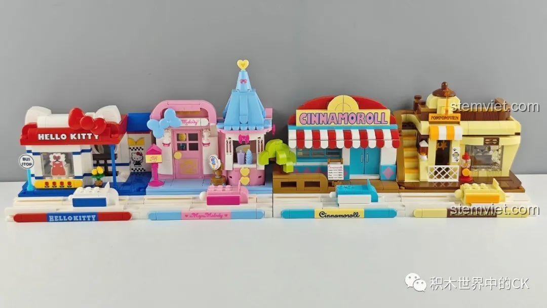 Cận cảnh mô hình Trạm Xe Buýt Thời Trang Hello Kitty Keeppley K20807, hiển thị các chi tiết trang trí.