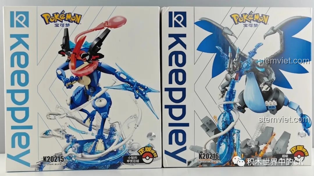 Review chi tiết bộ lắp ráp Keeppley Pokémon K20215 Greninja của Ash và K20216 Mega Charizard X, hình ảnh vỏ hộp sản phẩm.