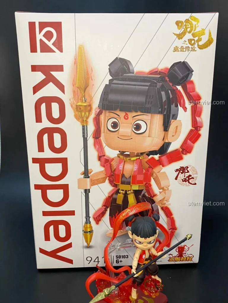 Review Keeppley S0103 Na Tra Ma Đồng Giáng Thế: Ảnh hộp sản phẩm mặt trước với hình Na Tra và logo Keeppley.