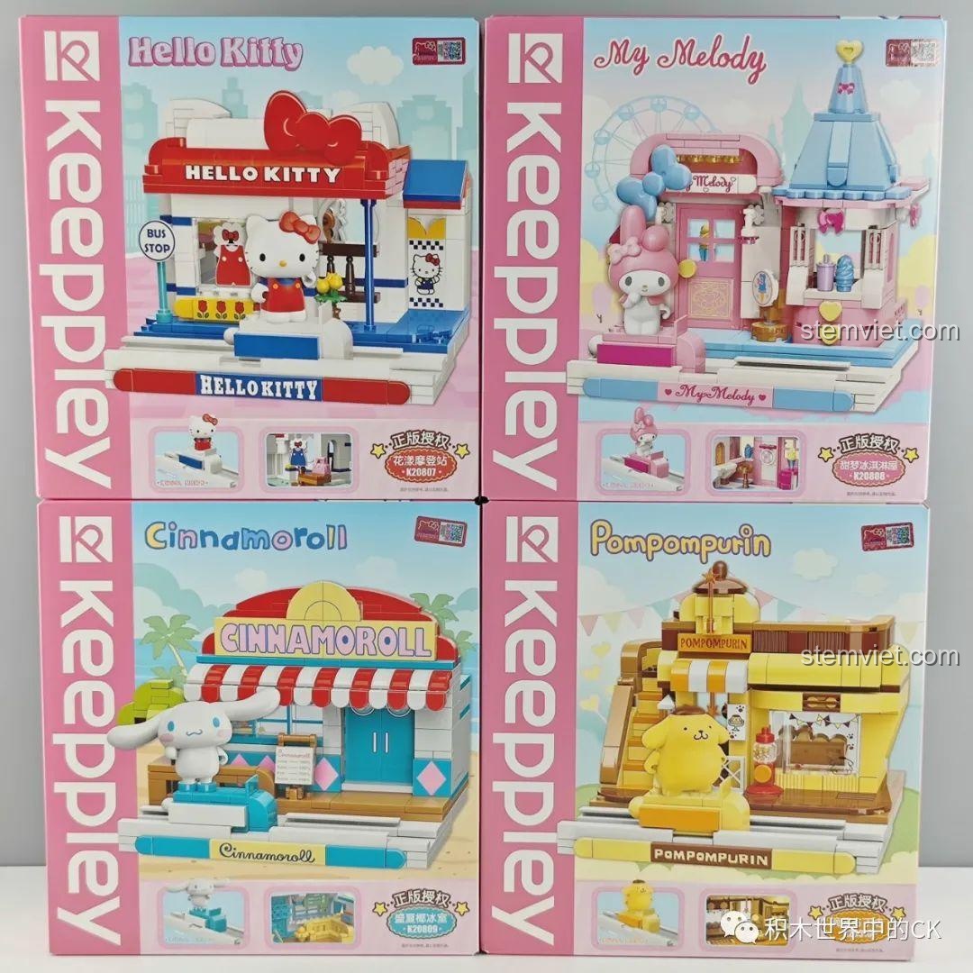 Bốn hộp đồ chơi lắp ráp Keeppley Sanrio Hello Kitty, My Melody, Cinnamoroll, Pompompurin đầy màu sắc.