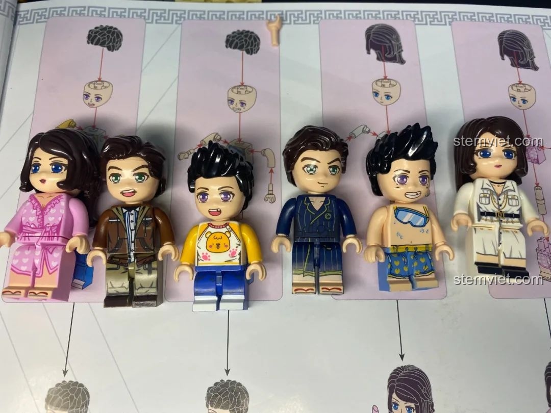 Sáu nhân vật mini đáng yêu đi kèm bộ lắp ghép Keeppley K18002 Phố Cổ Trung Hoa, với thiết kế độc đáo và chi tiết.