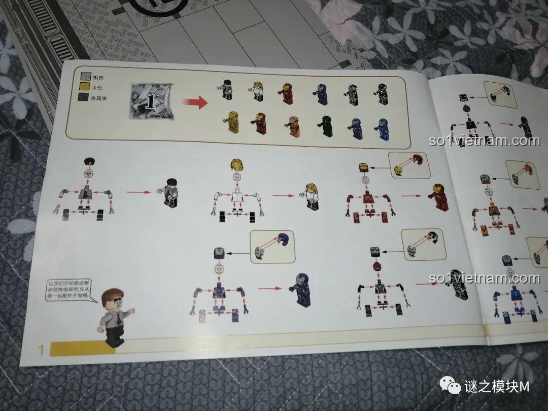 Trang hướng dẫn lắp ráp minifigure trong sách của bộ LY 76028 Căn Cứ Iron Man. Cảm nhận LY 76028.