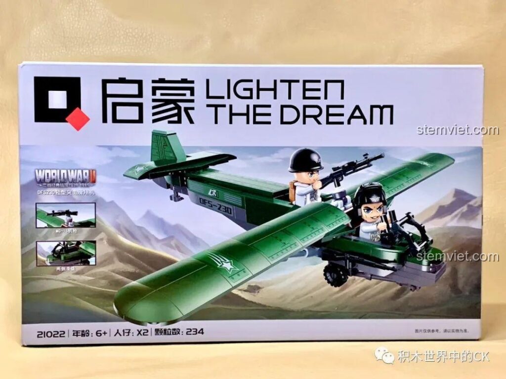 Review bộ lắp ráp Máy bay tàu lượn tấn công hạng nhẹ DFS-230 Enlighten 21022: Hộp sản phẩm ấn tượng, chi tiết rõ ràng.