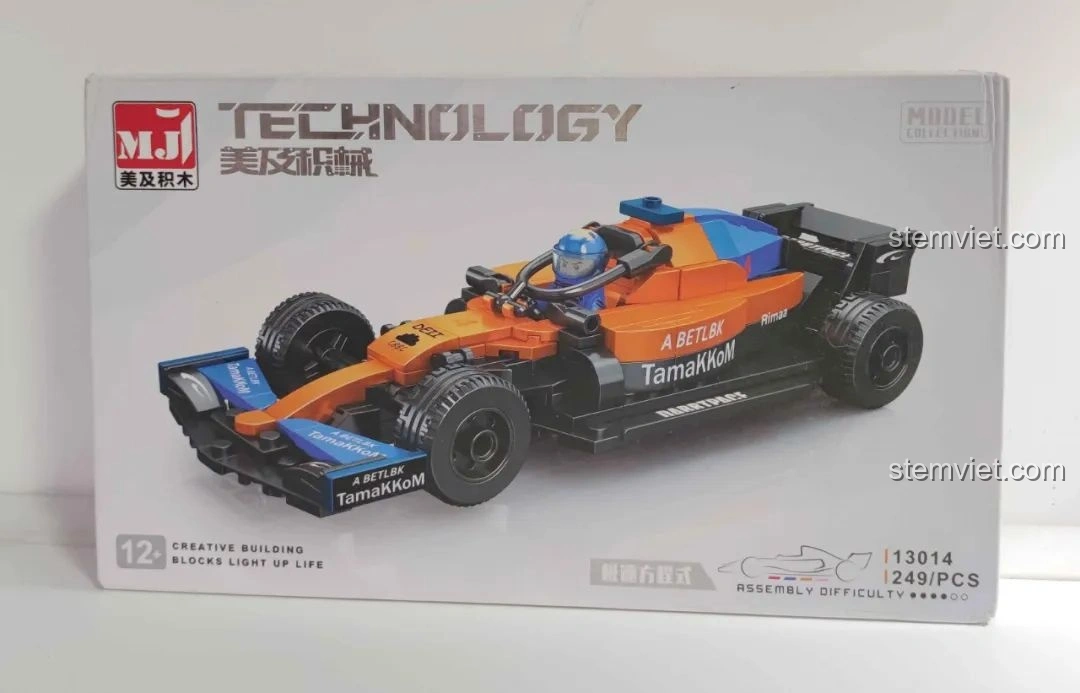 Hộp bộ lắp ráp MJ Technology 13014 xe đua F1 màu cam xanh, thiết kế hộp đẹp mắt, thông tin sản phẩm rõ ràng.