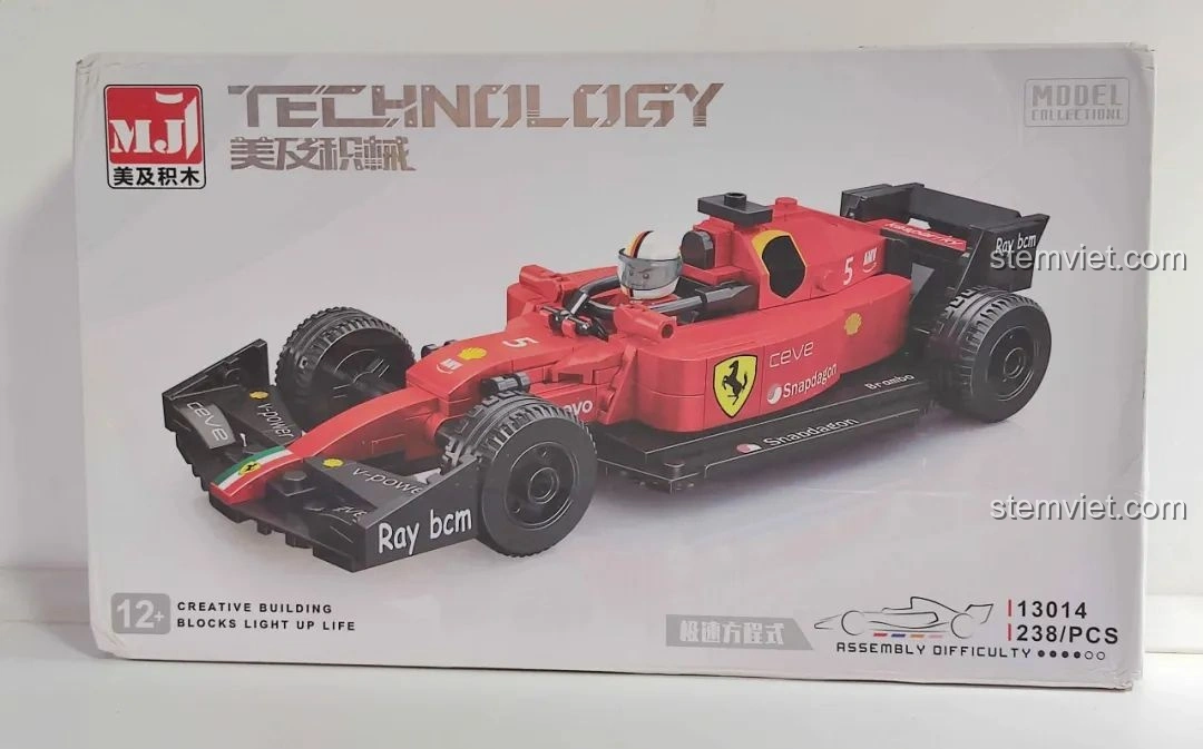 Hộp bộ lắp ráp MJ Technology 13014 xe đua F1 màu đỏ, thiết kế hộp đẹp mắt, thông tin sản phẩm rõ ràng.