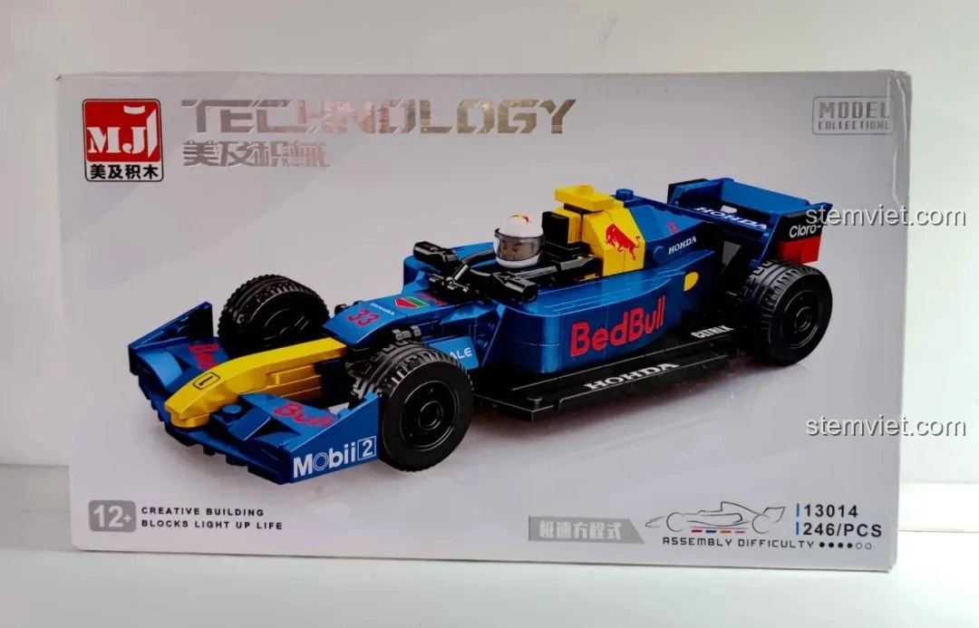 Hộp bộ lắp ráp MJ Technology 13014 xe đua F1 màu xanh đỏ, thiết kế hộp đẹp mắt, thông tin sản phẩm rõ ràng.