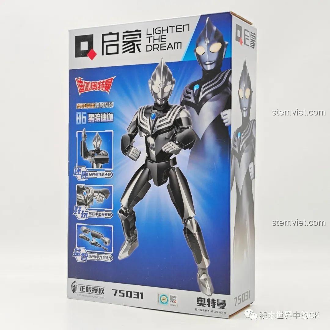 Hộp đồ chơi lắp ráp Mô hình Mech Ultraman Dark Tiga 75031 của Enlighten, hiển thị hình ảnh nhân vật và các tính năng nổi bật.