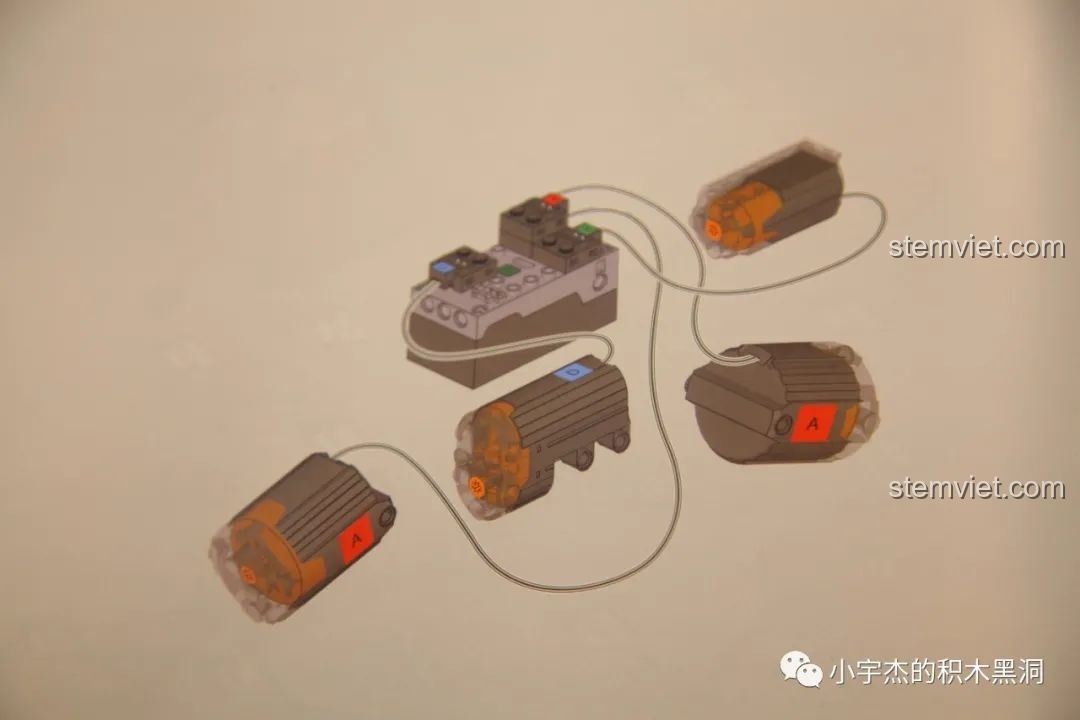 Sơ đồ kết nối động cơ và hộp pin trong sách hướng dẫn Mould King 18006 Xe Tải Kéo Nổi Loạn Hậu Tận Thế.