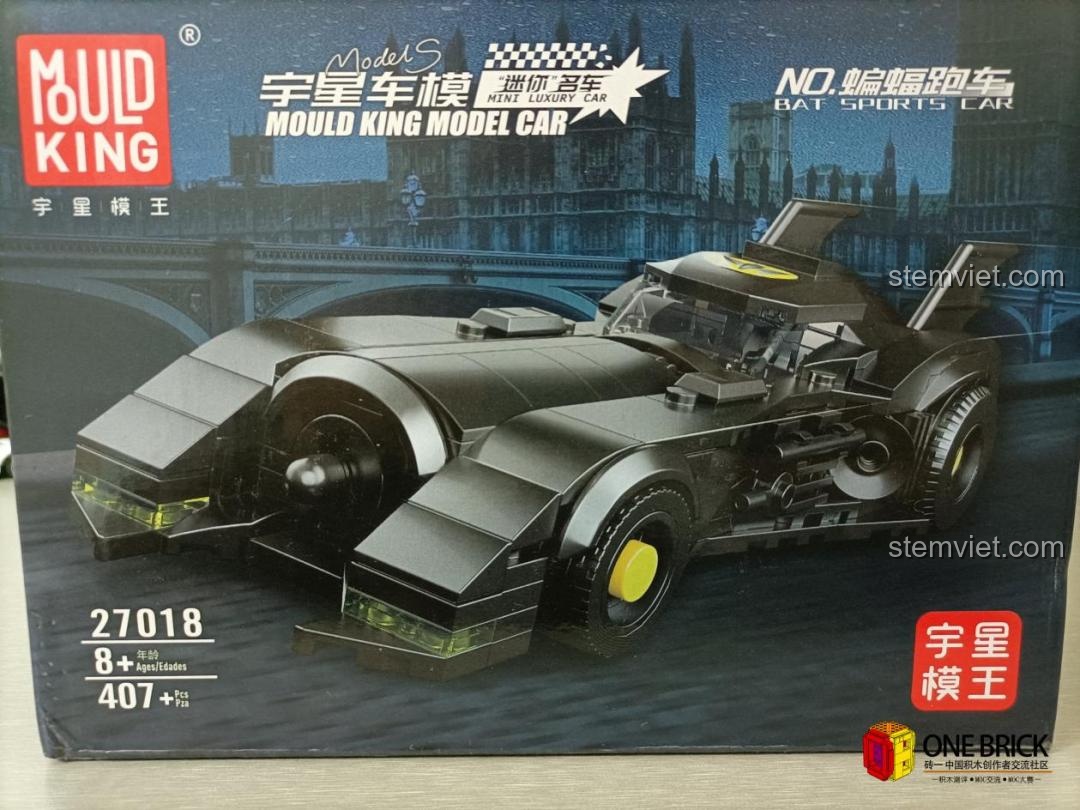 Hộp sản phẩm bộ lắp ráp Mould King 27018 Xe Batmobile, với hình ảnh chiếc xe dơi nổi bật trên nền thành phố Gotham.