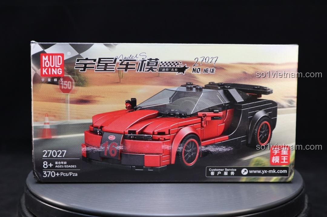 Hộp sản phẩm bộ lắp ghép Mould King 27027 Bugatti Veyron, mặt trước với thông tin số chi tiết và độ tuổi khuyến nghị.