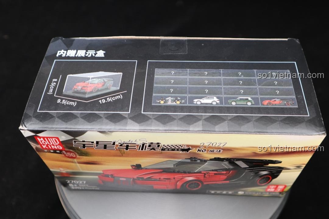 Mặt trên hộp sản phẩm bộ lắp ghép Mould King 27027 Bugatti Veyron, hiển thị kích thước hộp và các mẫu xe khác.