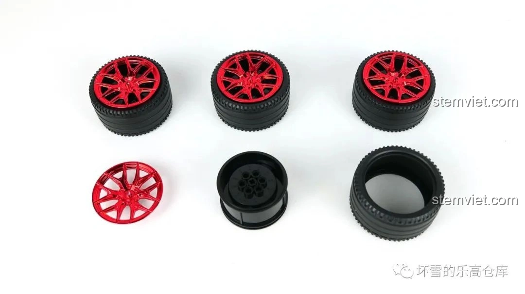 Bộ mâm bánh xe màu đỏ và lốp xe của Moyu Block MY88007A Siêu Xe Thể Thao EVO, chi tiết nổi bật.
