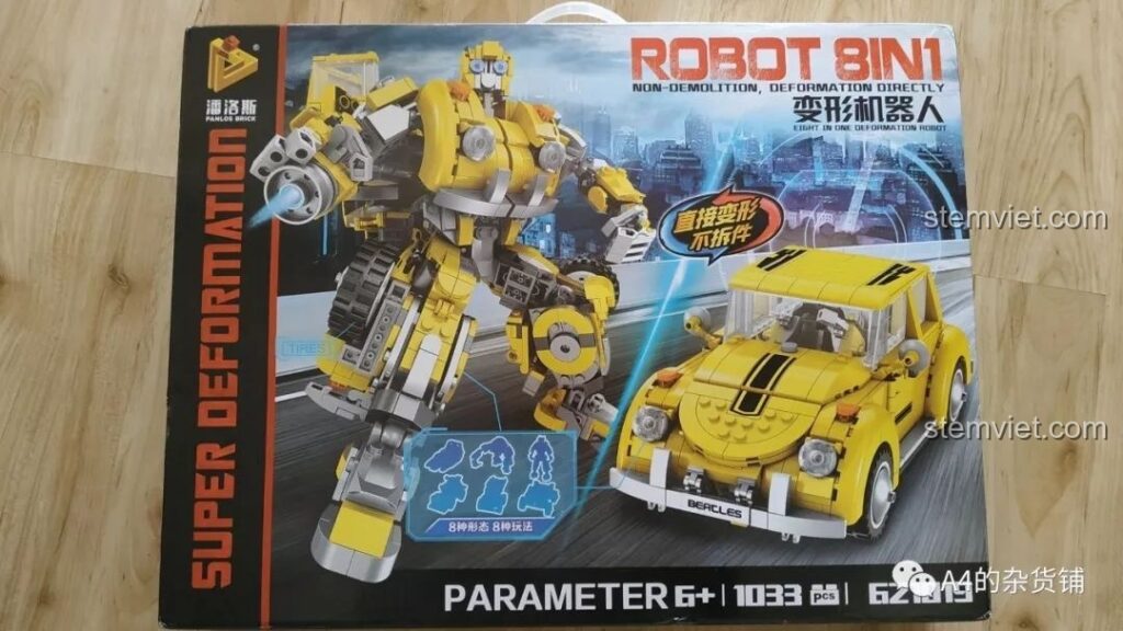 Hộp đồ chơi lắp ráp Panlos Brick 621019 Robot Đại Hoàng Phong 8 trong 1 màu vàng, hiển thị cả dạng robot và xe Volkswagen Beetle, thu hút bé trai 6 tuổi.