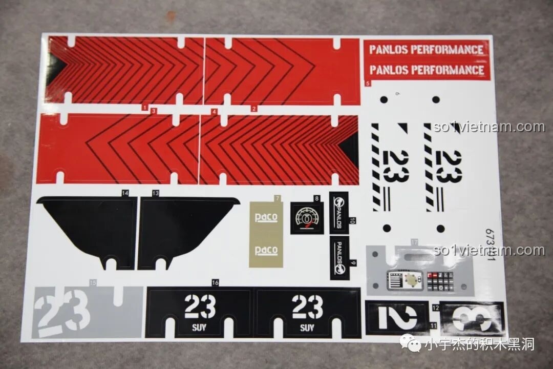 Tấm decal chất lượng cao với các họa tiết và số 23 cho bộ lắp ghép PanlosBrick 673101 Ford Bronco Xe Địa Hình.