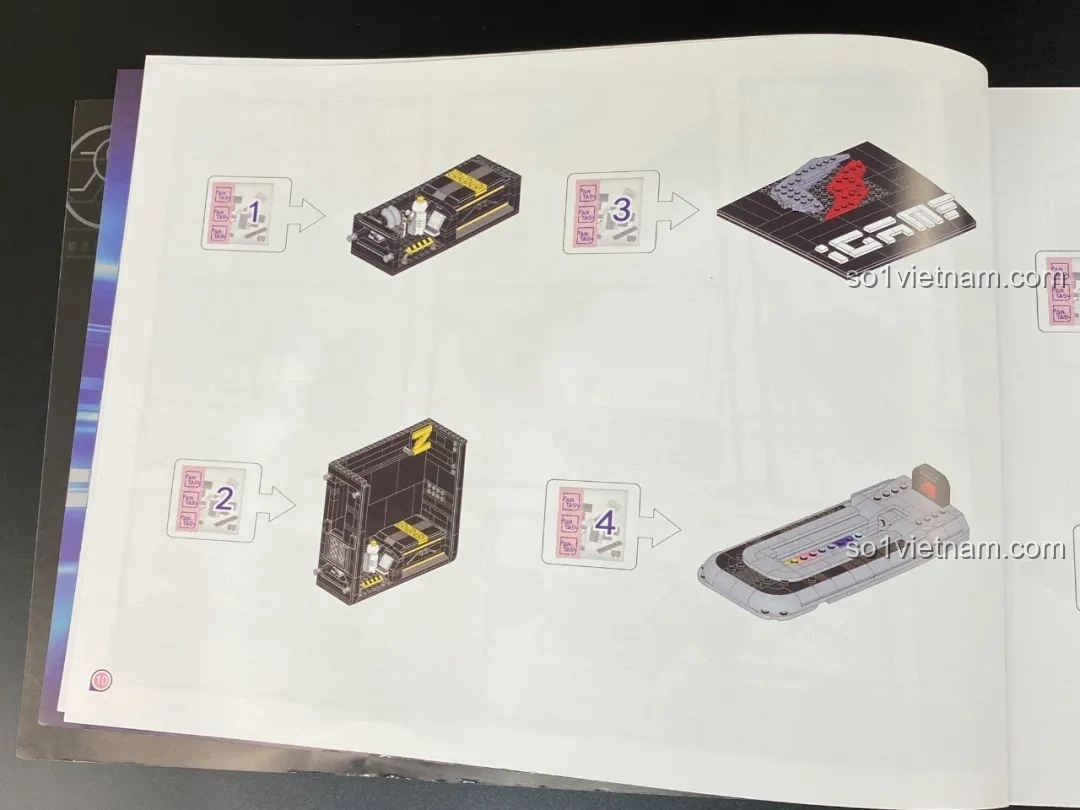 Trang sách hướng dẫn hiển thị các bước lắp ráp đầu tiên của bộ Pantasy 11008 Thùng máy tính sáng tạo.