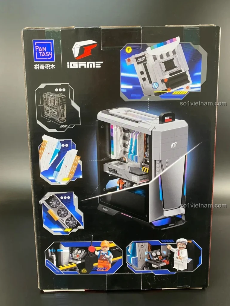 Hình ảnh mặt sau hộp sản phẩm bộ lắp ghép Pantasy 11008 Máy tính iGame Kỳ Thú, hiển thị các chi tiết mô hình PC Gaming bên trong.
