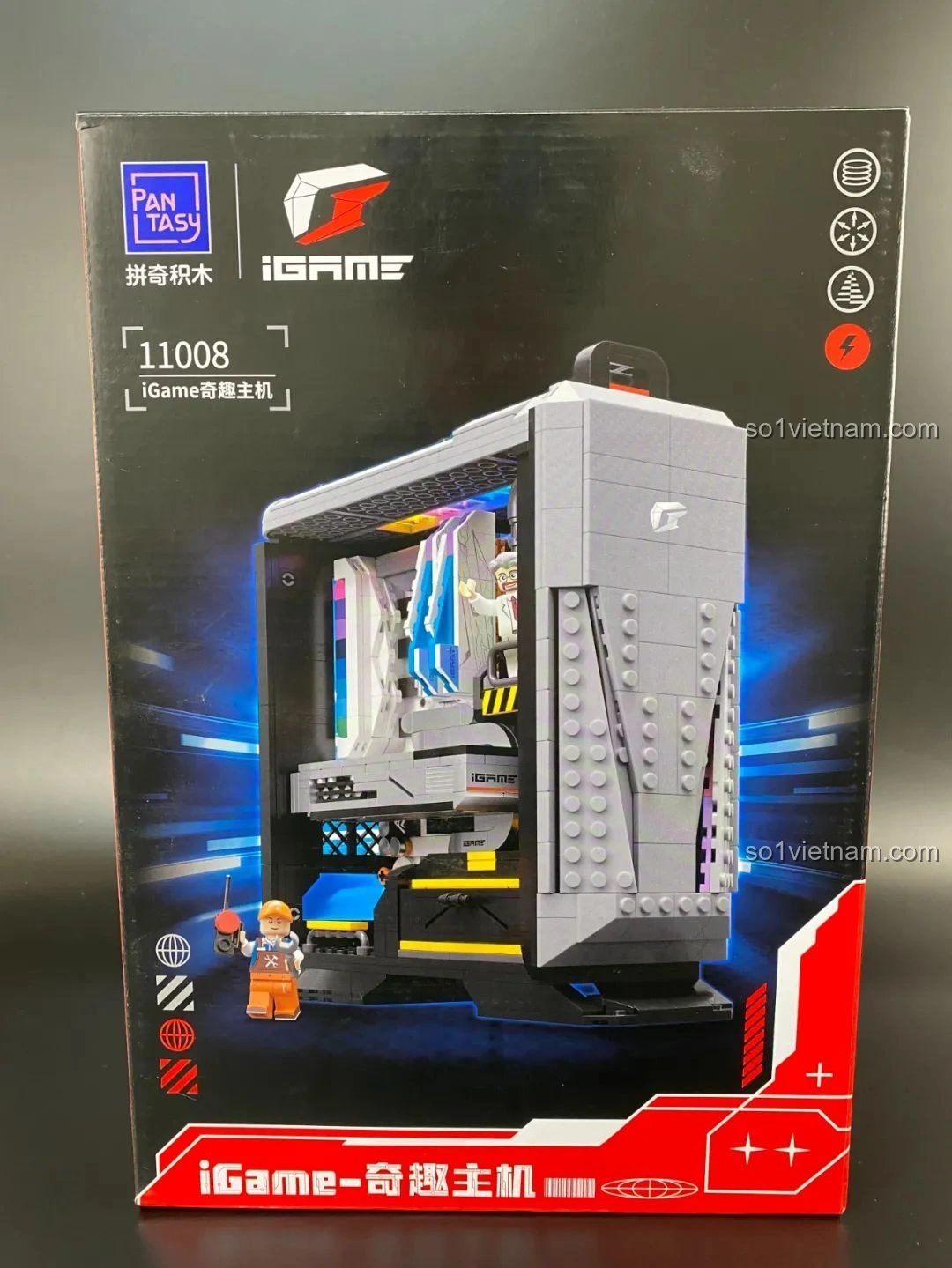 Mặt trước hộp bộ lắp ghép Pantasy 11008 Thùng máy tính sáng tạo, hiển thị mô hình PC Gaming và nhân vật tí hon.