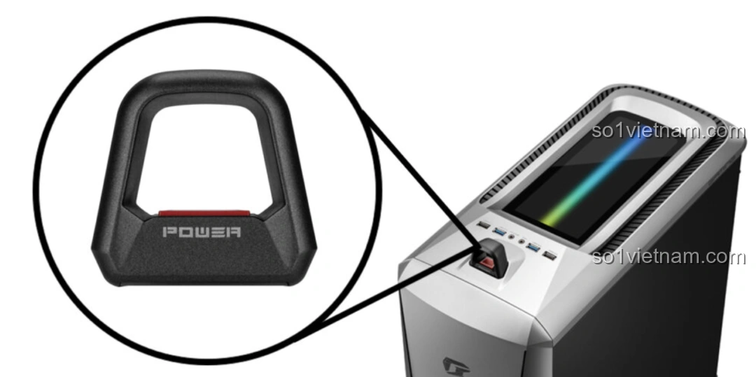 Chi tiết nút nguồn của case iGame thực tế, tương đồng với tay cầm trên mô hình Pantasy 11008.