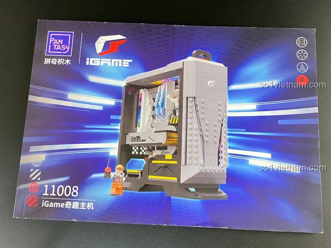 Bìa sách hướng dẫn của bộ lắp ghép Pantasy 11008 Máy tính iGame Kỳ Thú, với hình ảnh mô hình PC Gaming.