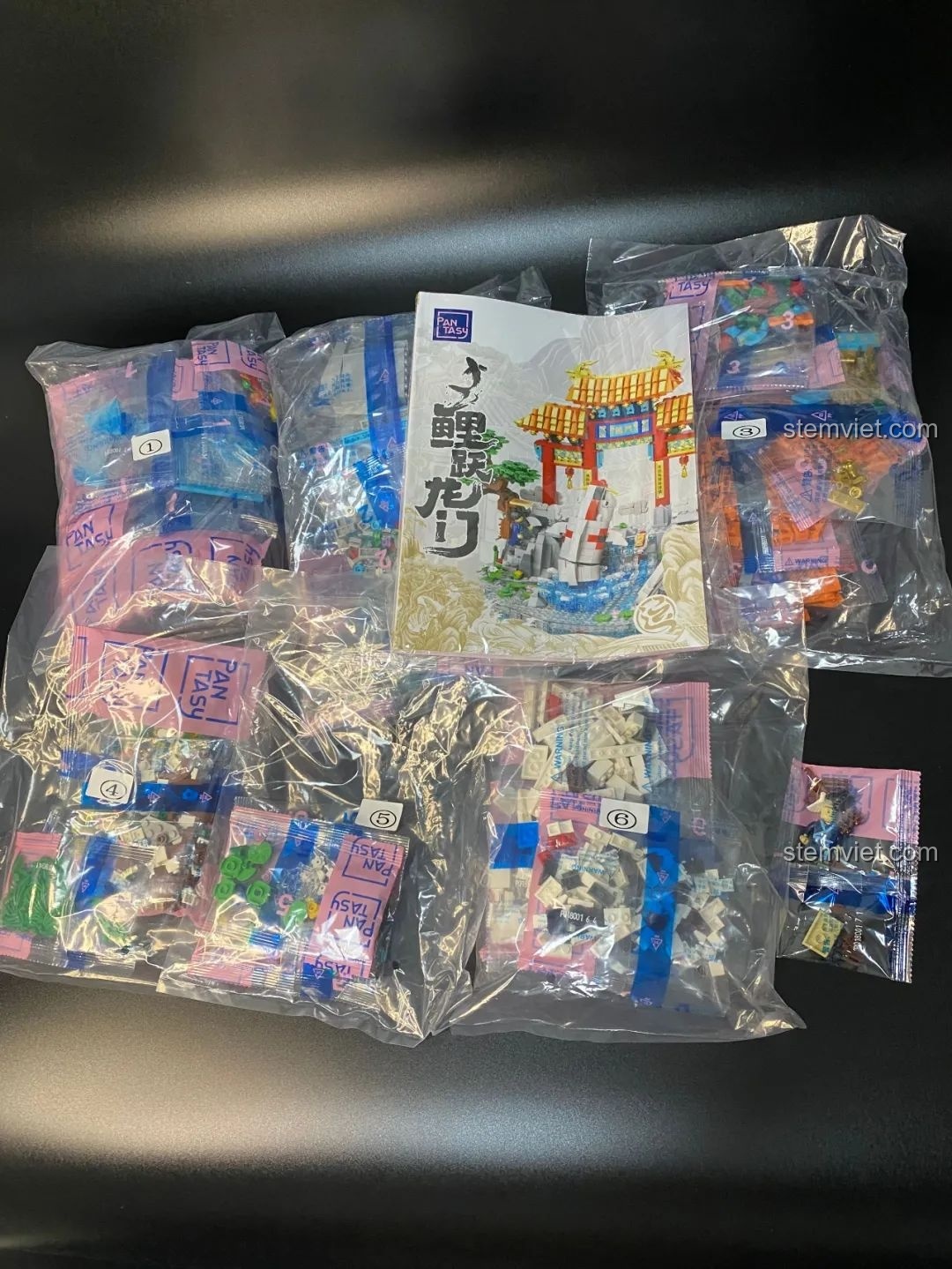 Các túi mảnh ghép được đánh số và sách hướng dẫn bên trong hộp bộ lắp ghép Pantasy 18001 Cá Chép Hóa Rồng.