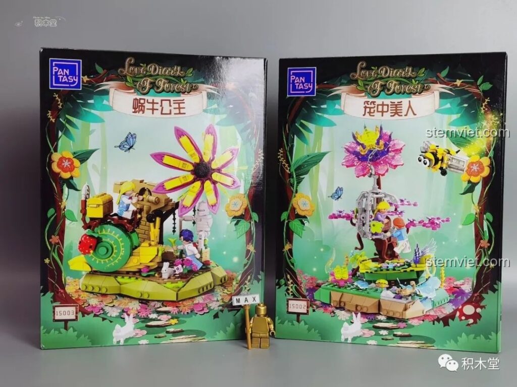 Hộp đồ chơi lắp ráp Pantasy 15002 Mỹ Nhân Trong Lồng và 15003 Ốc Sên Công Chúa, thiết kế bìa đẹp mắt, thu hút bé gái yêu cổ tích.