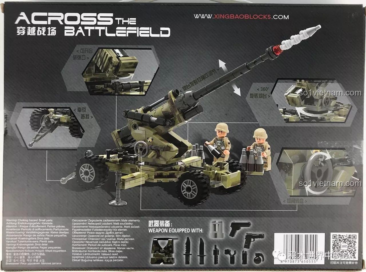 Mặt sau hộp Pháo Binh Thiên Yết Cindy Xingbao XB-06011 hiển thị các tính năng xoay, nâng hạ và phụ kiện vũ khí chi tiết.