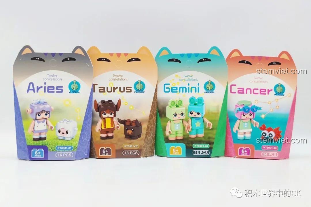 Bao bì của 4 cung hoàng đạo đầu tiên: Bạch Dương, Kim Ngưu, Song Tử, Cự Giải trong bộ Pixel Planet KT8001.