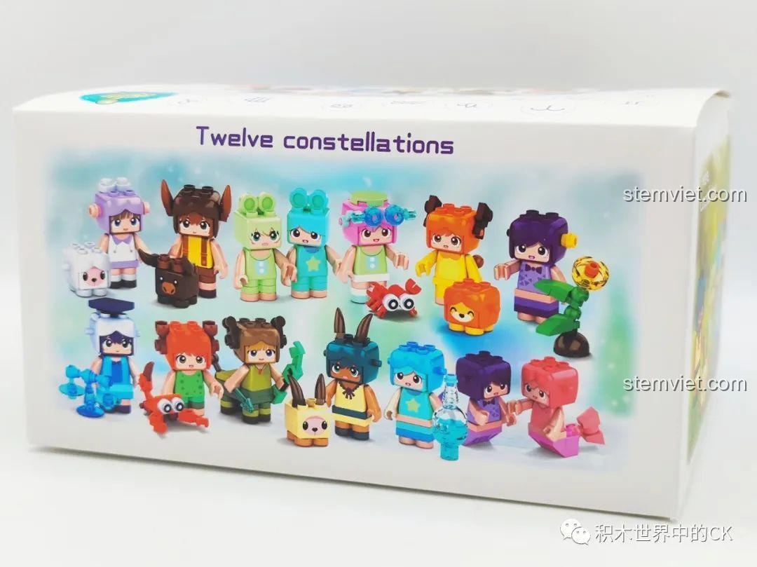 Góc nghiêng vỏ hộp bộ xếp hình Sưu Tập 12 Minifigure Cung Hoàng Đạo KT8001, thiết kế nhỏ gọn, đẹp mắt.