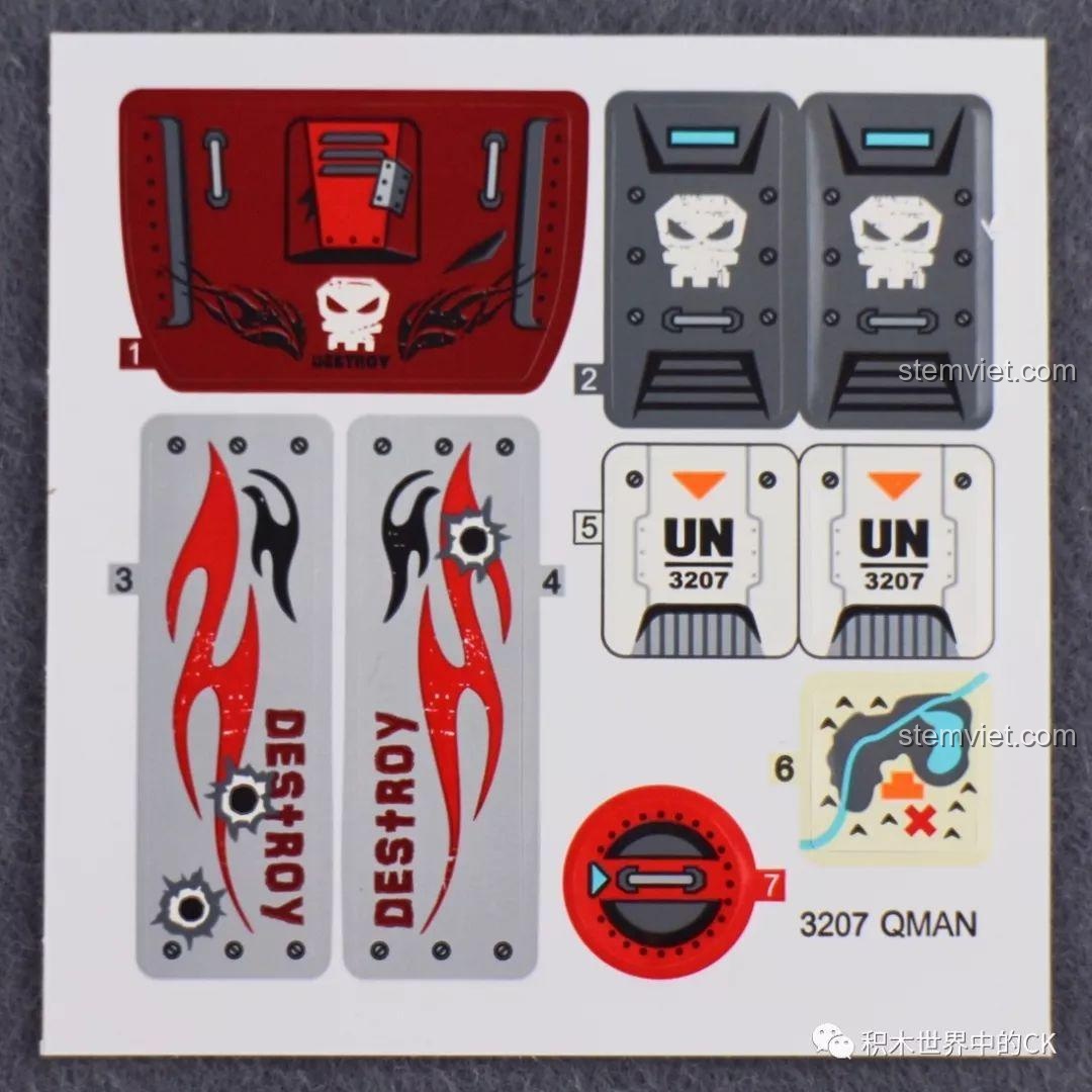 Bộ sticker chất lượng cao đi kèm bộ lắp ráp Qman 3207 Xe Tải Quân Sự Phóng Tên Lửa, với các họa tiết lửa và đầu lâu độc đáo.