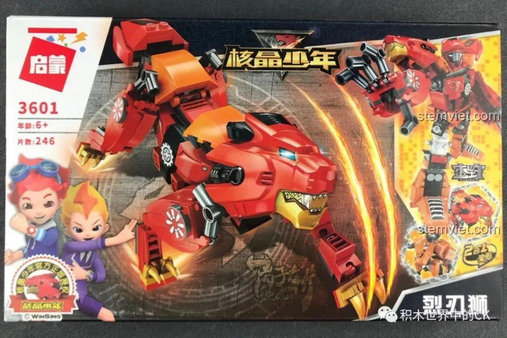 Hộp đồ chơi lắp ráp Qman 3601 Liệt Nhẫn Sư dạng sư tử và robot, thu hút mọi ánh nhìn của bé trai 6 tuổi.