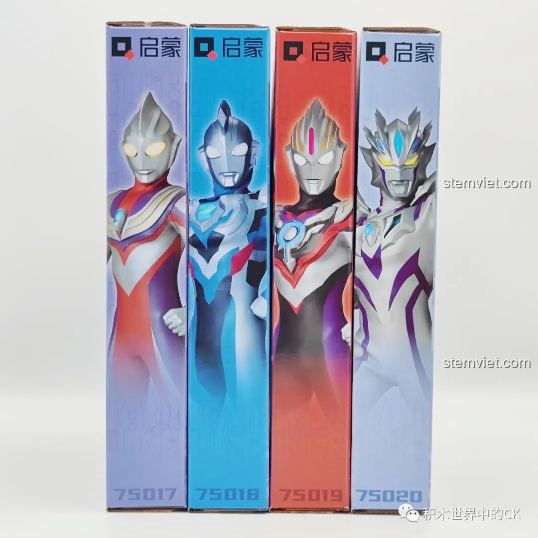 Mặt bên các hộp đồ chơi lắp ráp Qman Ultraman 75017, 75018, 75019, 75020 với hình ảnh nhân vật.