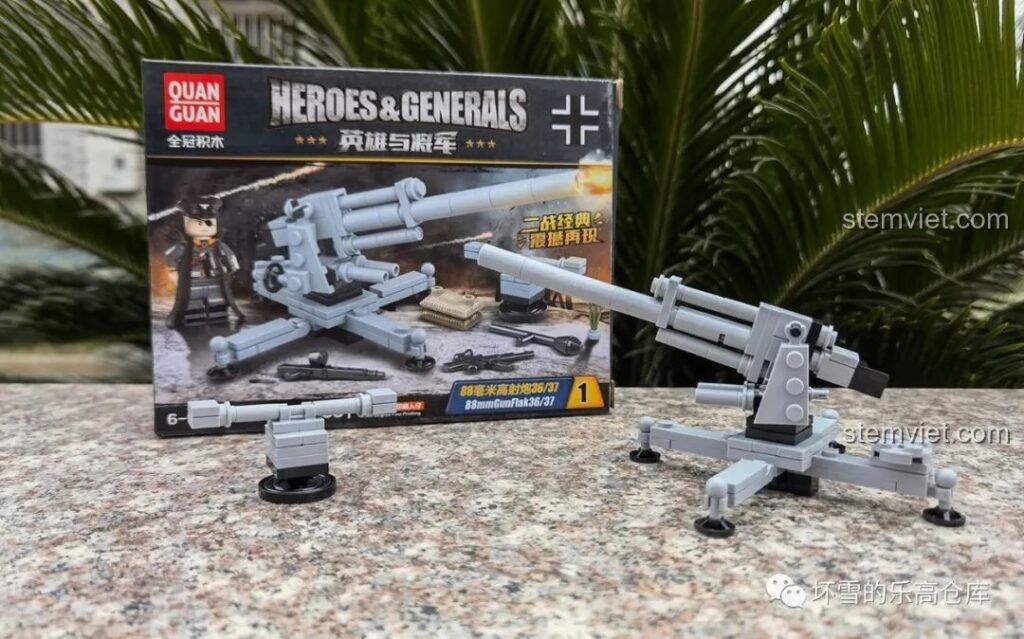 Hình ảnh bộ lắp ráp Quanguan 100077 Pháo phòng không Đức WWII 6 mẫu khi mở hộp, với mô hình pháo và vỏ hộp sản phẩm.