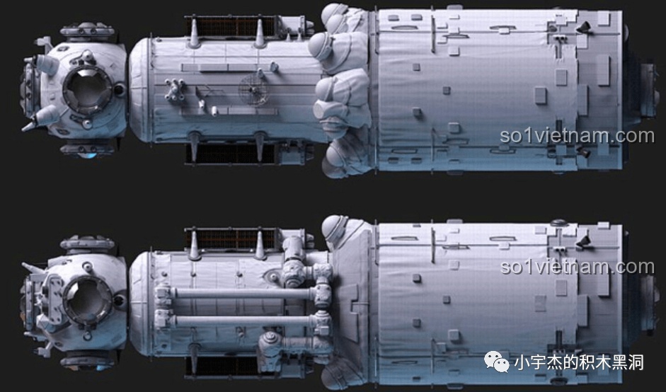 Hình ảnh mô hình Trạm Vũ trụ Thiên Cung ngoài đời thực, so sánh với mô hình lắp ráp của SEMBO 203337.