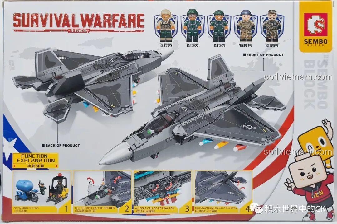 Mặt sau hộp đồ chơi lắp ráp Máy bay chiến đấu F-22 Raptor 207124, giới thiệu các tính năng chính của mô hình.