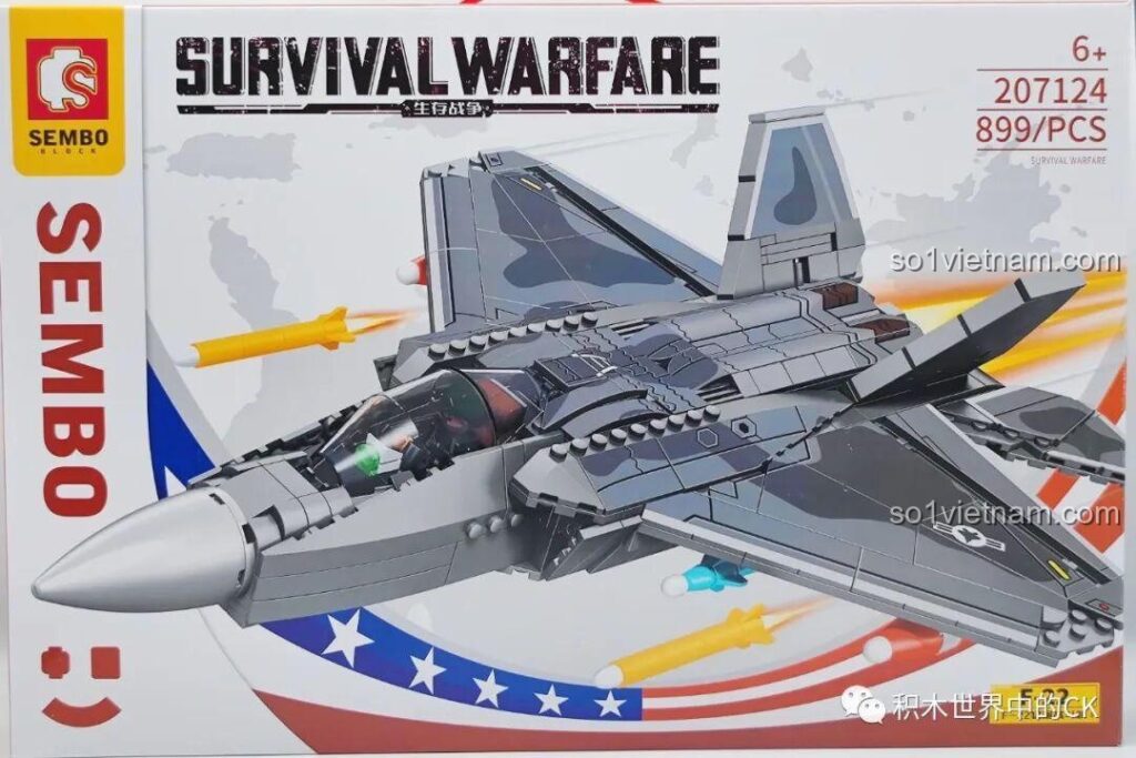 Hộp sản phẩm đồ chơi lắp ráp Máy bay chiến đấu F-22 Raptor 207124 của SEMBO, hiển thị hình ảnh máy bay và thông tin chi tiết.