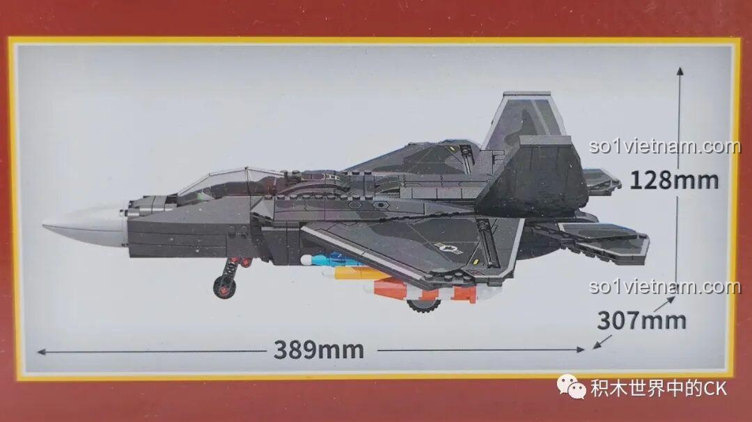 Kích thước chi tiết của mô hình đồ chơi lắp ráp Máy bay chiến đấu F-22 Raptor 207124 được in trên hộp sản phẩm.