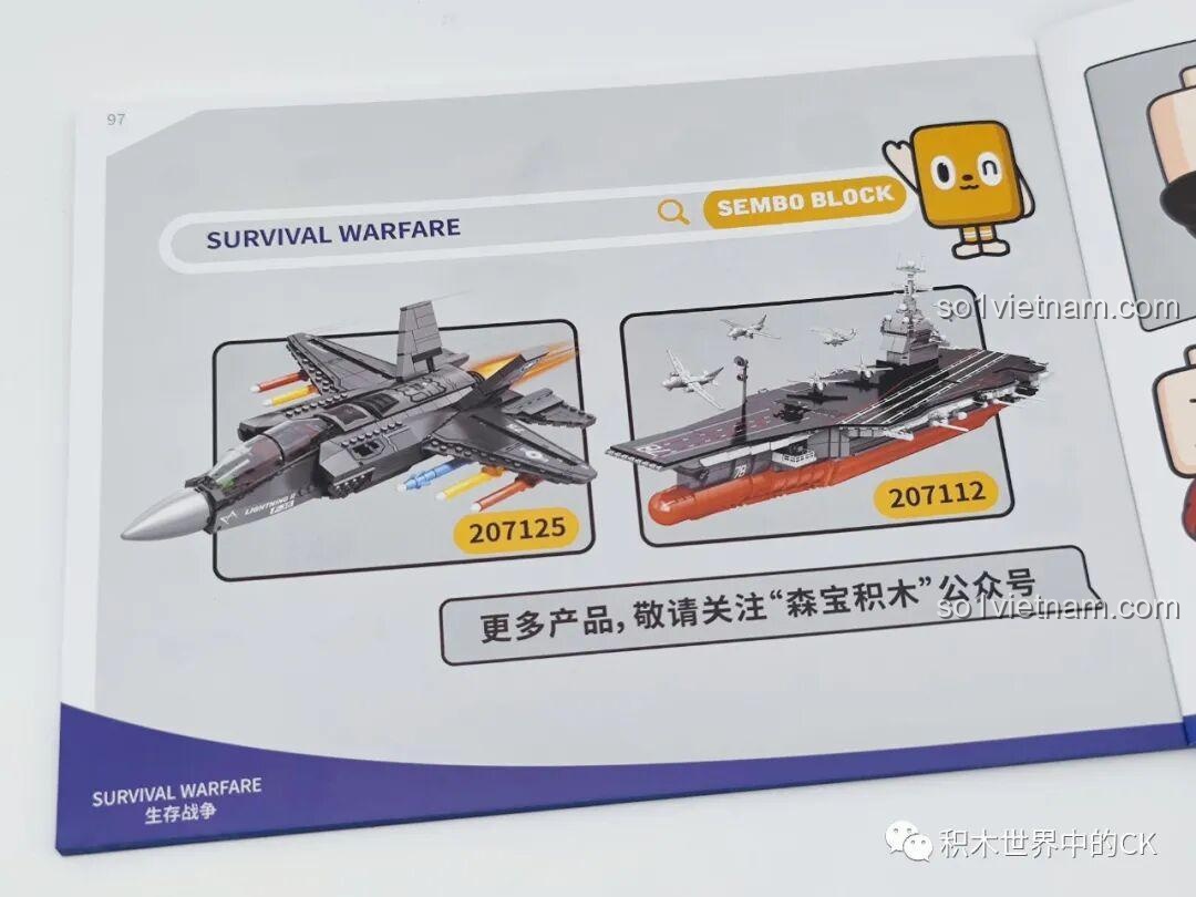 Trang sách hướng dẫn của bộ lắp ráp SEMBO 207124 F-22 Raptor, giới thiệu các mẫu máy bay khác cùng series.