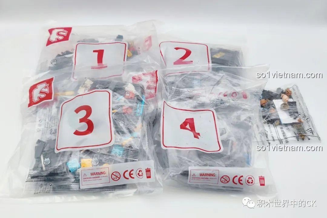 Các túi mảnh ghép được đánh số thứ tự cho bộ lắp ráp SEMBO 207124 F-22 Raptor, giúp việc lắp ráp dễ dàng.