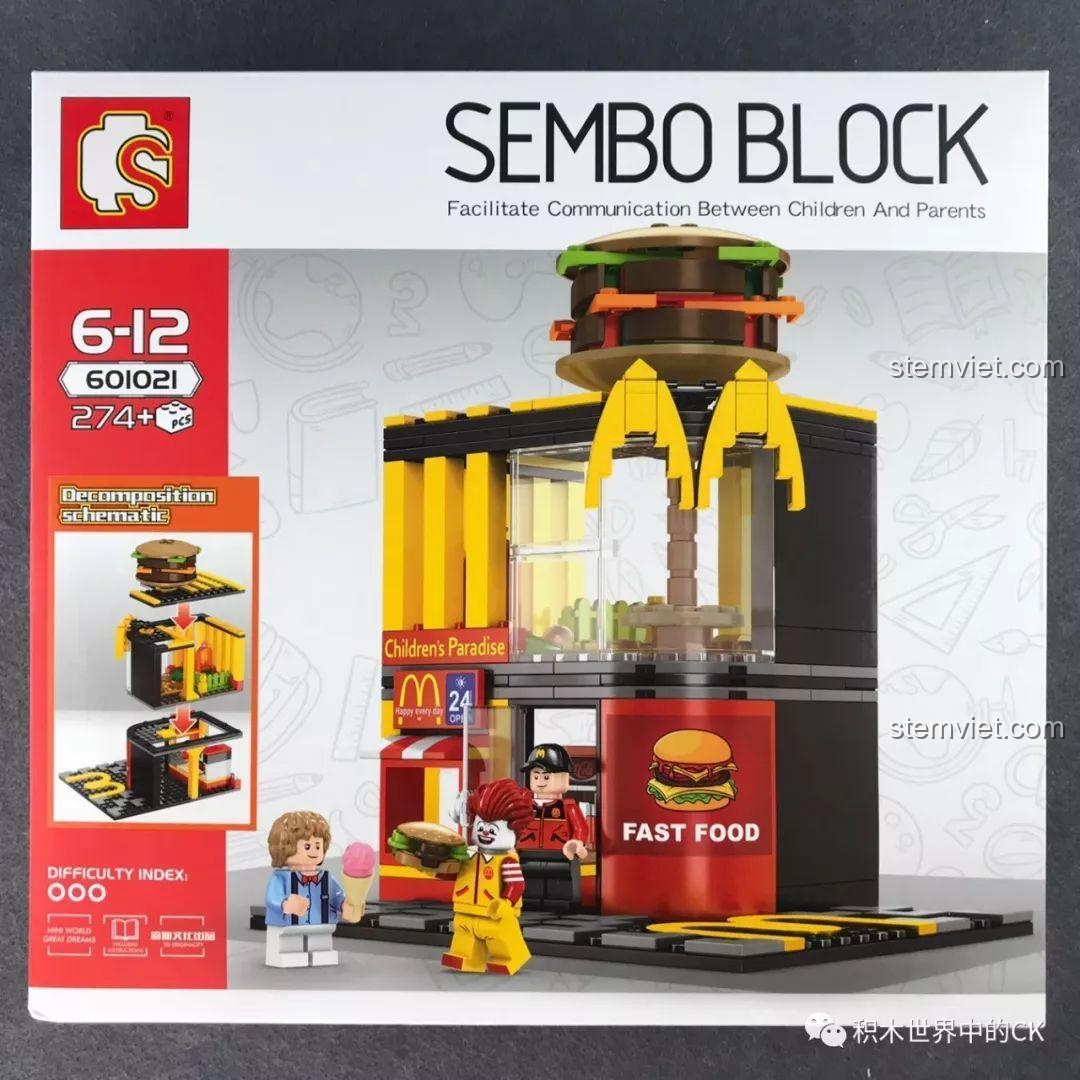 Mặt trước hộp bộ lắp ghép SEMBO 601021 Cửa hàng đồ ăn nhanh McDonald's với hình ảnh mô hình hoàn thiện và 3 minifigures.